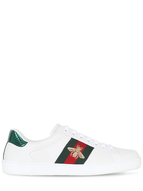 Gucci: New Ace Bee Web leather sneakers - Beyaz - men_0 | Luisa Via Roma