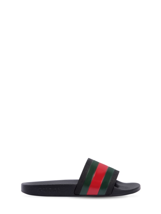 Gucci: Sandalias planas de goma con tribanda - Negro - kids-boys_0 | Luisa Via Roma
