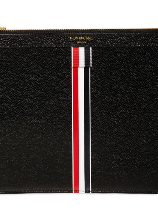 Thom Browne: Medium stripes pebbled leather pouch - Black - men_1 | Luisa Via Roma
