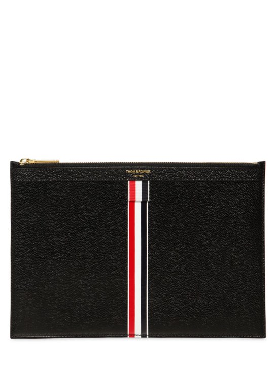 Thom Browne: Medium stripes pebbled leather pouch - Black - men_0 | Luisa Via Roma
