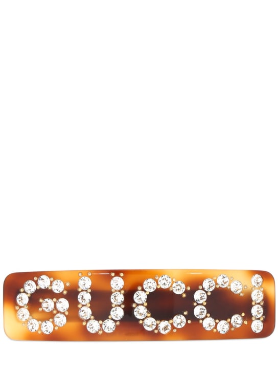 Gucci: Fermacapelli con logo e cristalli - Marrone/Cristallo - women_0 | Luisa Via Roma