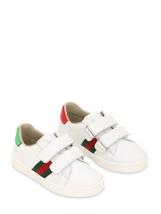 Gucci: Sneakers à scratch en cuir et Web Ace - Blanc - kids-girls_1 | Luisa Via Roma