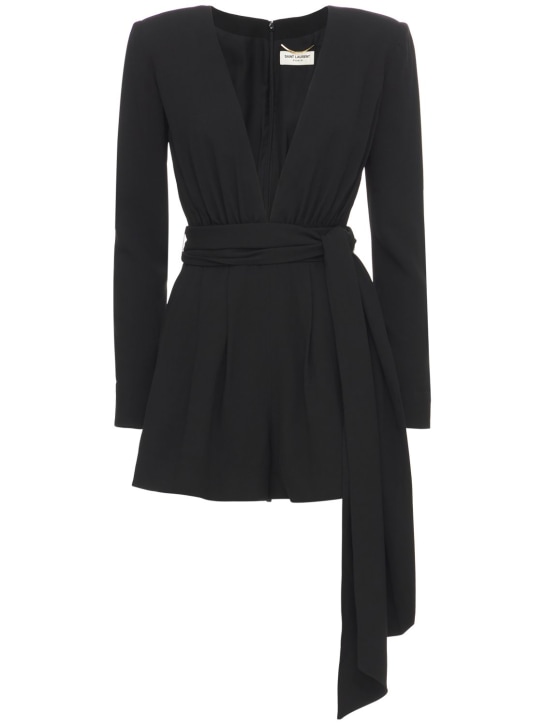 Saint Laurent: V neckline sablé jumpsuit - Black - women_0 | Luisa Via Roma