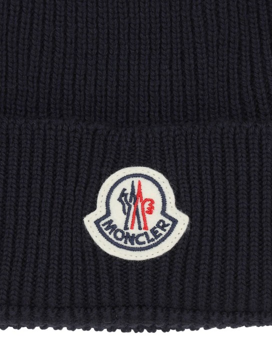Moncler: Logo wool rib knit beanie - Navy - men_1 | Luisa Via Roma