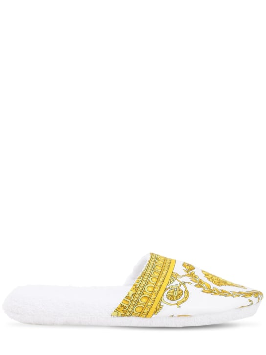 Versace: SLIPPER AUS BAUMWOLLE "BAROCCO & ROBE" - Weiß/Gold - ecraft_1 | Luisa Via Roma