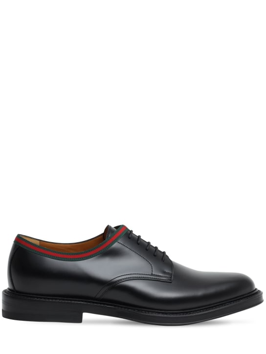 Gucci: 15mm leather lace-up derby shoes - Siyah - men_0 | Luisa Via Roma