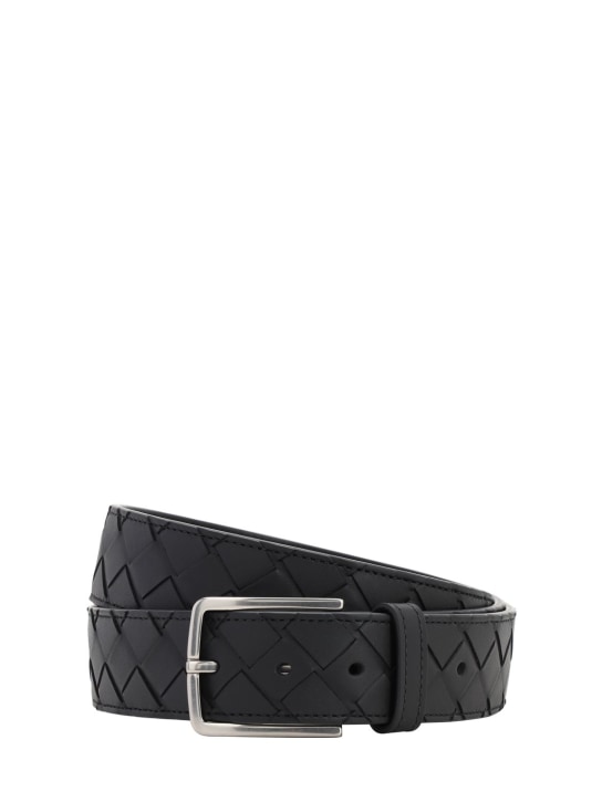 Bottega Veneta: 3.5cm New Intreccio buckle leather belt - Siyah/Gümüş - men_0 | Luisa Via Roma