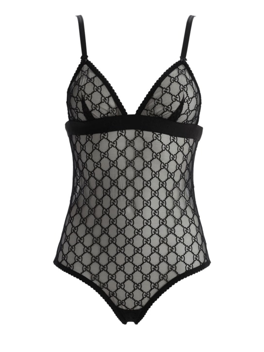 Gucci: Body en tulle transparent à logo GG brodé - Noir - women_0 | Luisa Via Roma