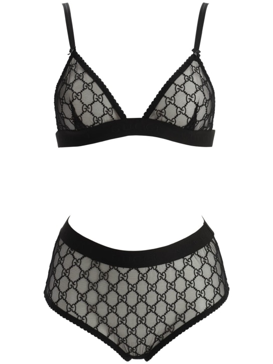 Gucci: Set lingerie in tulle trasparente GG - Nero - women_0 | Luisa Via Roma