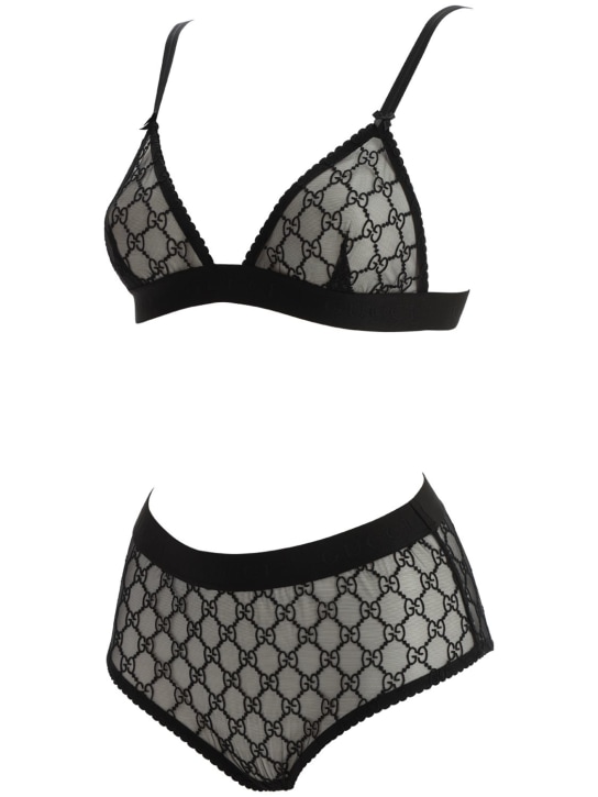 Gucci: GG embroidered sheer tulle lingerie set - Siyah - women_1 | Luisa Via Roma