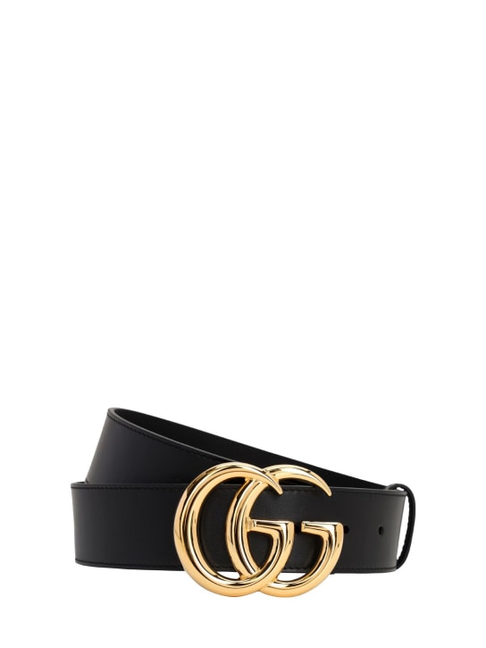 Gucci: 40mm Shiny GG buckle leather belt - Black - men_0 | Luisa Via Roma