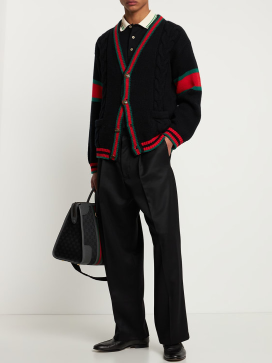 Gucci: Cardigan en maille de laine avec détail web - Noir - men_1 | Luisa Via Roma