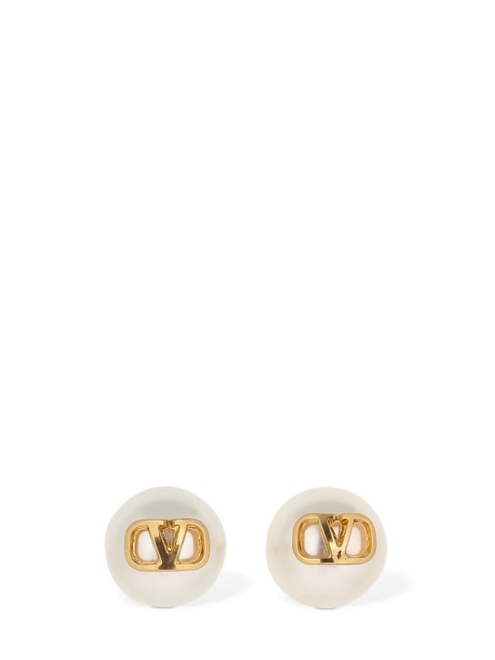 Valentino Garavani: V logo & faux pearl stud earrings - Gold - women_0 | Luisa Via Roma