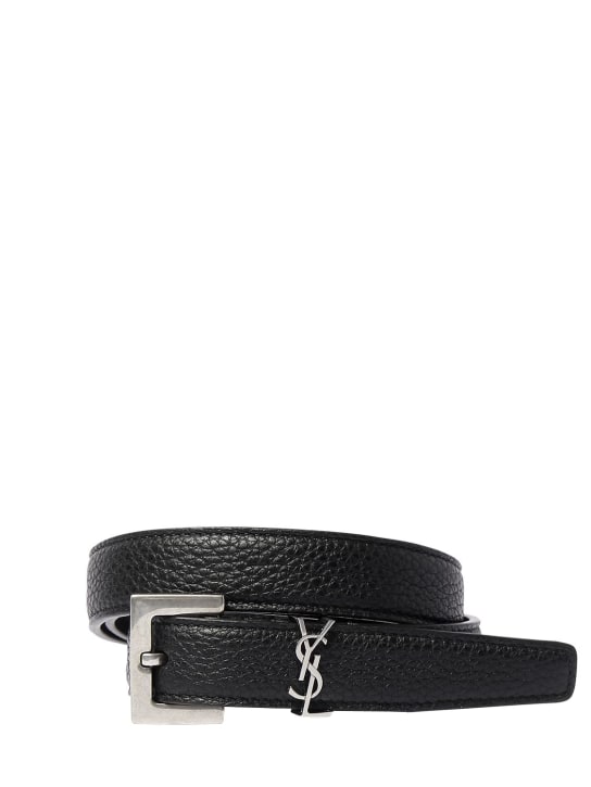 Saint Laurent: 2cm YSL Textured leather belt - Siyah - men_0 | Luisa Via Roma