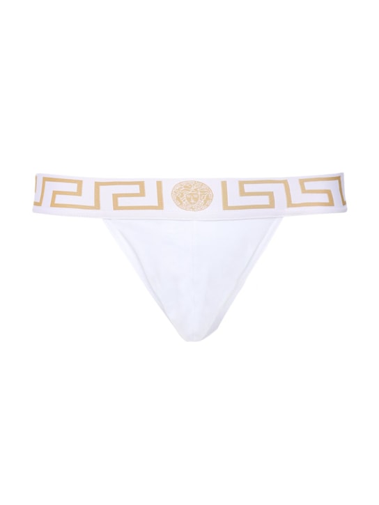 Versace: Monogram waistband cotton jock strap - Beyaz - men_0 | Luisa Via Roma