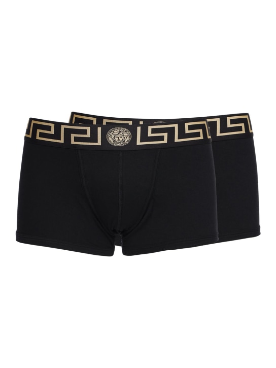 Versace: 弹力棉质平角内裤2条套装 - 黑色 - men_0 | Luisa Via Roma