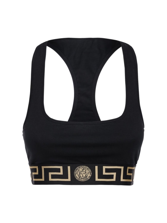 Versace: Brassière en jersey de coton stretch - Noir - women_0 | Luisa Via Roma