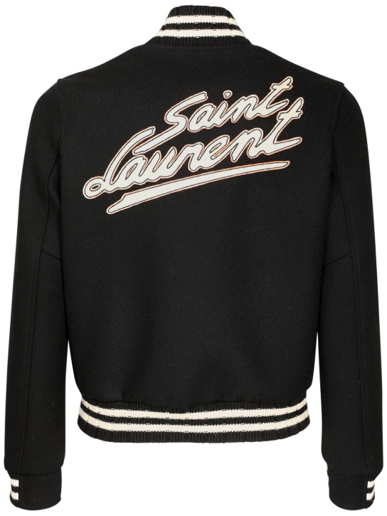 Saint Laurent: Veste en laine mélangée avec patch logo - Noir - men_0 | Luisa Via Roma