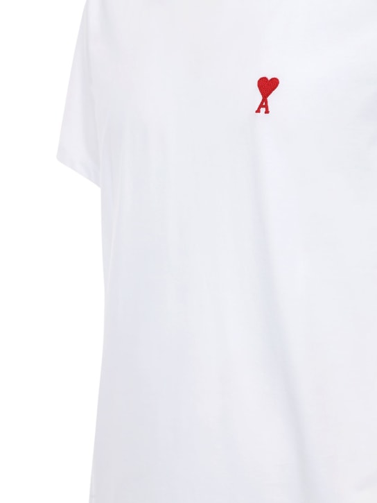 AMI Paris: Embroidered logo cotton jersey t-shirt - Beyaz - men_1 | Luisa Via Roma