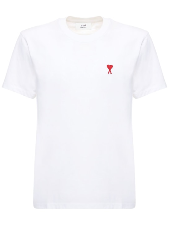 AMI Paris: Embroidered logo cotton jersey t-shirt - Beyaz - men_0 | Luisa Via Roma