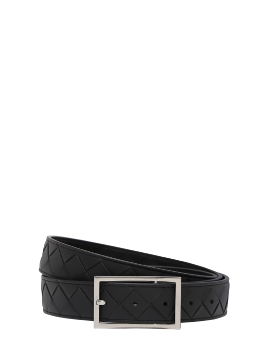 Bottega Veneta: 3cm Intrecciato leather belt - Siyah/Gümüş - men_0 | Luisa Via Roma