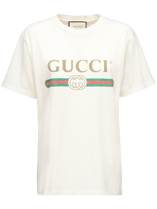 Gucci: Camiseta de jersey de algodón con logo vintage - Blanco - women_0 | Luisa Via Roma