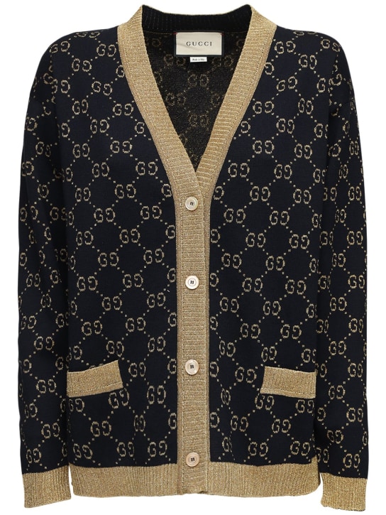 Gucci: GG Supreme cotton & lurex cardigan - Blue/Gold - women_0 | Luisa Via Roma
