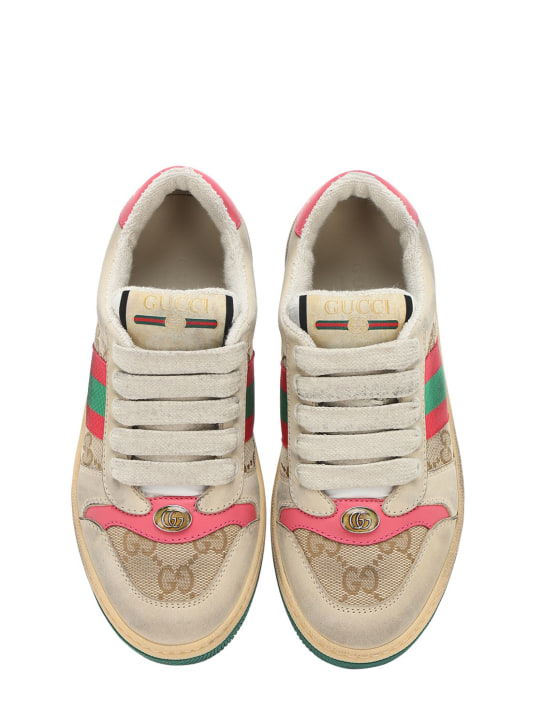 Gucci: 织带&GG帆布运动鞋 - 米黄色/粉色 - kids-girls_1 | Luisa Via Roma
