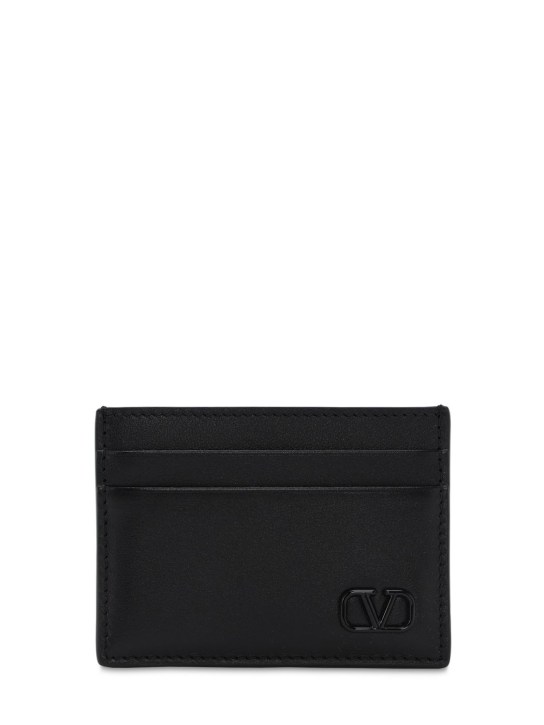 Valentino Garavani: Porte-cartes en cuir avec logo en métal - Noir - men_0 | Luisa Via Roma