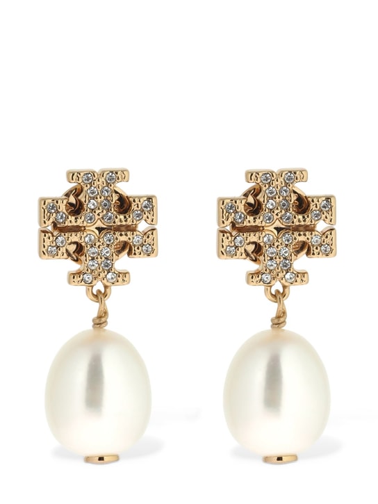 Tory Burch: Kira pavé pearl drop earrings - Altın Rengi - women_0 | Luisa Via Roma