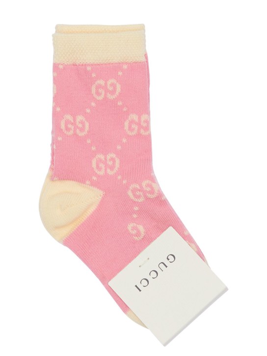 Gucci: Logo intarsia cotton blend knit socks - Pink/Ivory - kids-girls_0 | Luisa Via Roma