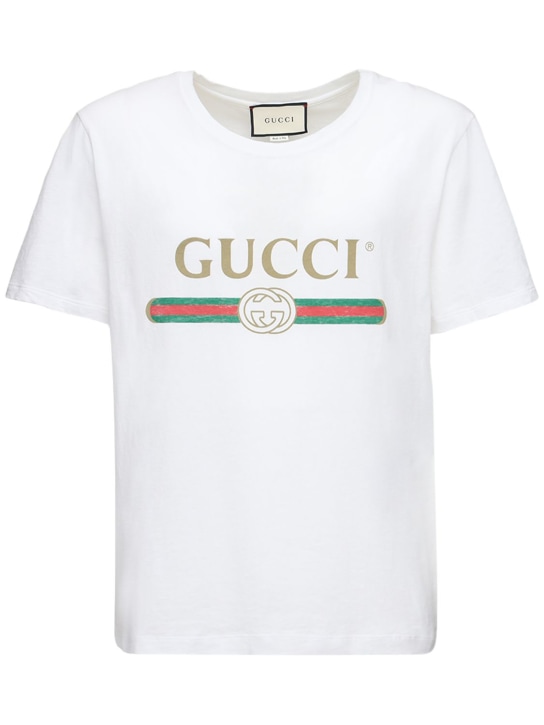Gucci: Logo印花棉质平纹针织T恤 - 白色 - men_0 | Luisa Via Roma