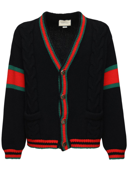 Gucci: Cardigan in maglia di lana con dettaglio Web - Nero - men_0 | Luisa Via Roma