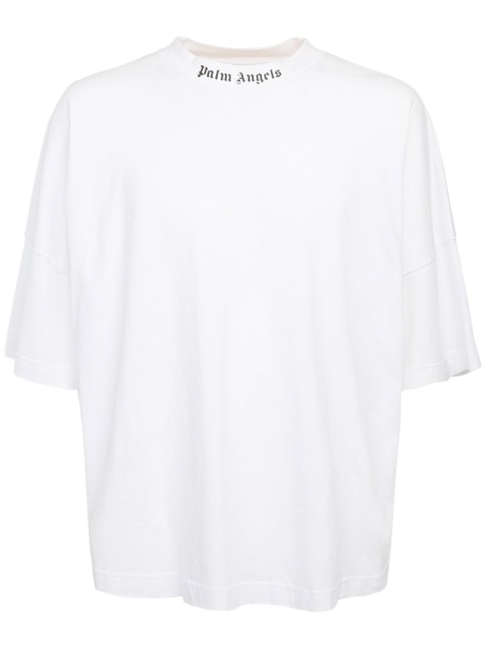 Palm Angels: Logo print over cotton jersey t-shirt - Beyaz/Siyah - men_0 | Luisa Via Roma
