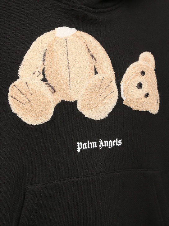 Palm Angels: 小熊贴片棉质平纹针织连帽卫衣 - 黑色/棕色 - men_1 | Luisa Via Roma