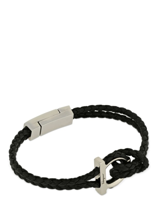 Ferragamo: Bracelet en cuir tressé Gancio 17 cm - Noir - men_1 | Luisa Via Roma