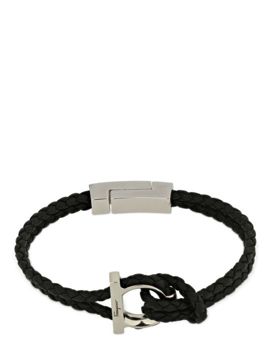 Ferragamo: 17厘米Gancio编织皮革手链 - 黑色 - men_0 | Luisa Via Roma