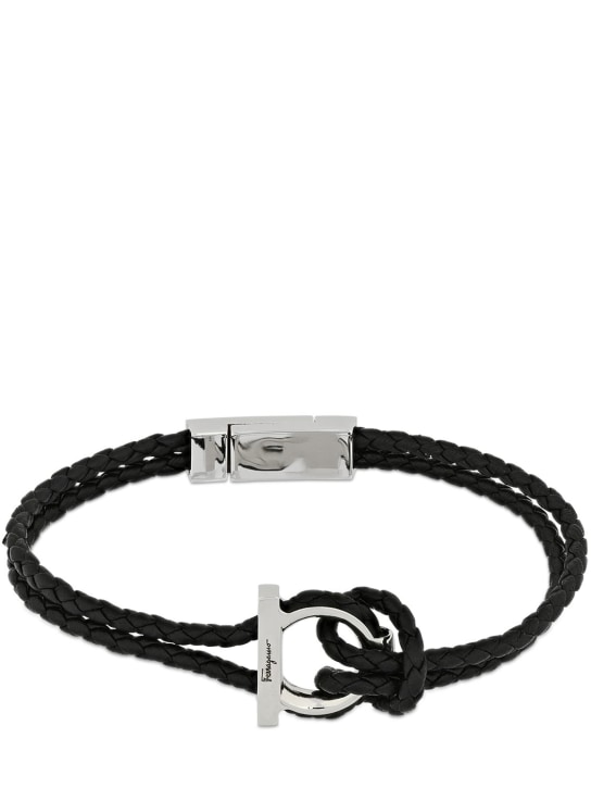 Ferragamo: Bracelet en cuir tressé Gancio 19 cm - Noir - men_0 | Luisa Via Roma