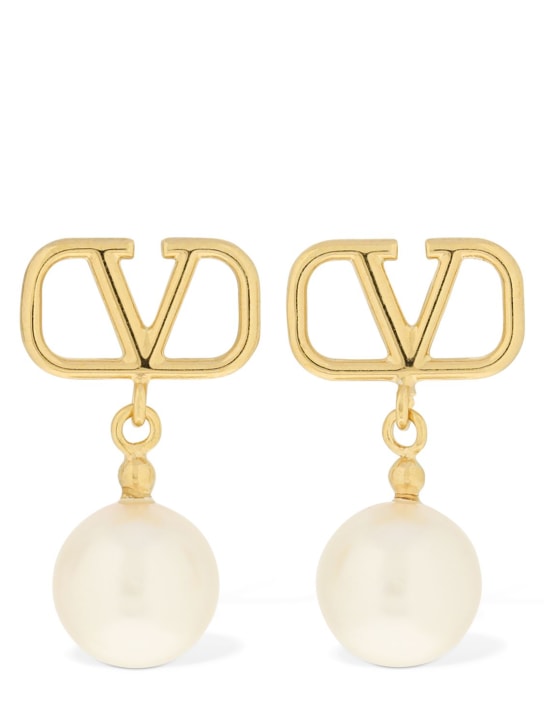 Valentino Garavani: V logo & faux pearl drop earrings - Gold/White - women_0 | Luisa Via Roma