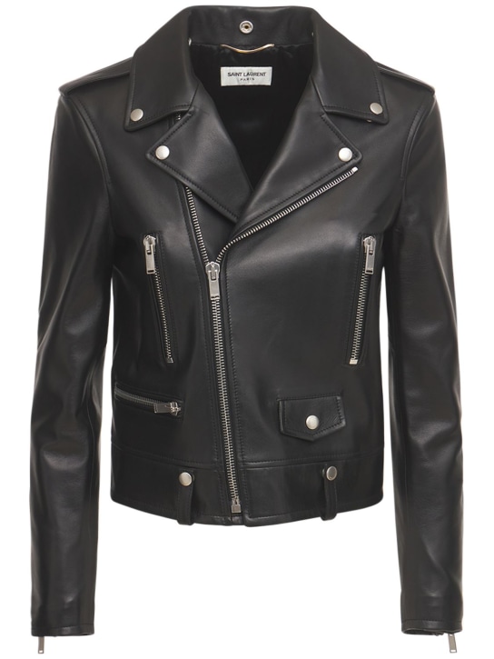 Saint Laurent: Leather biker jacket - Siyah - women_0 | Luisa Via Roma