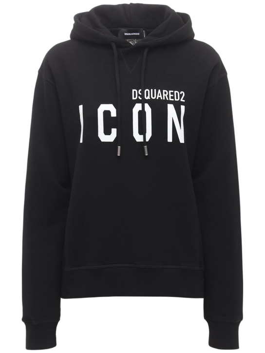 Dsquared2: Icon logo print cotton jersey hoodie - Black - women_0 | Luisa Via Roma