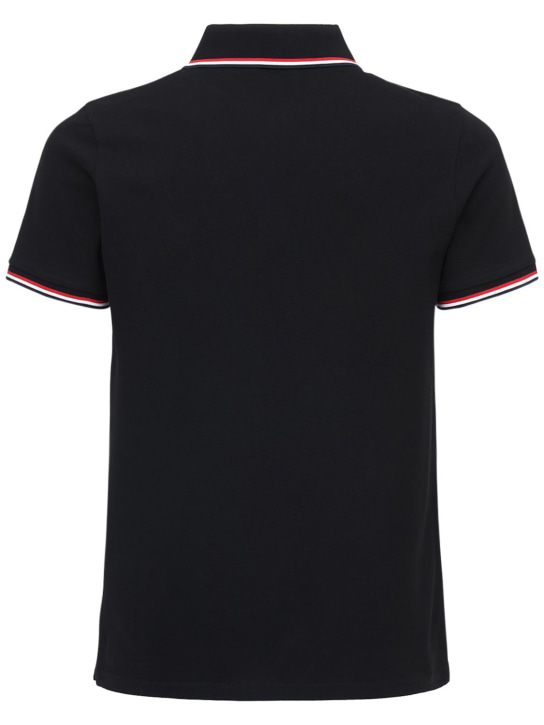Moncler: Tricolour-trimmed cotton piquet polo - Black - men_4 | Luisa Via Roma