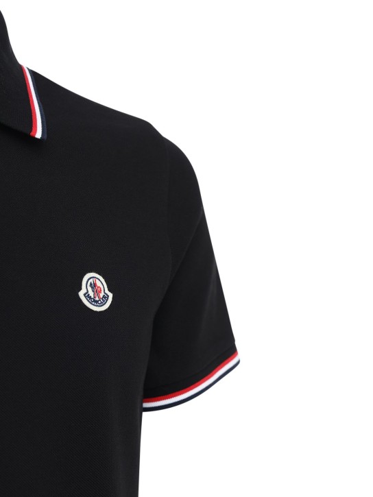 Moncler: Tricolour-trimmed cotton piquet polo - Black - men_3 | Luisa Via Roma