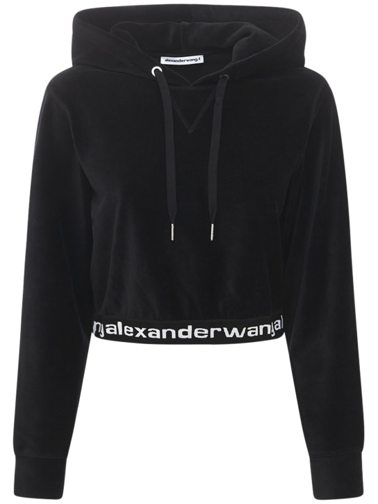 Alexander Wang: Logo stretch corduroy crop hoodie - Black - women_0 | Luisa Via Roma