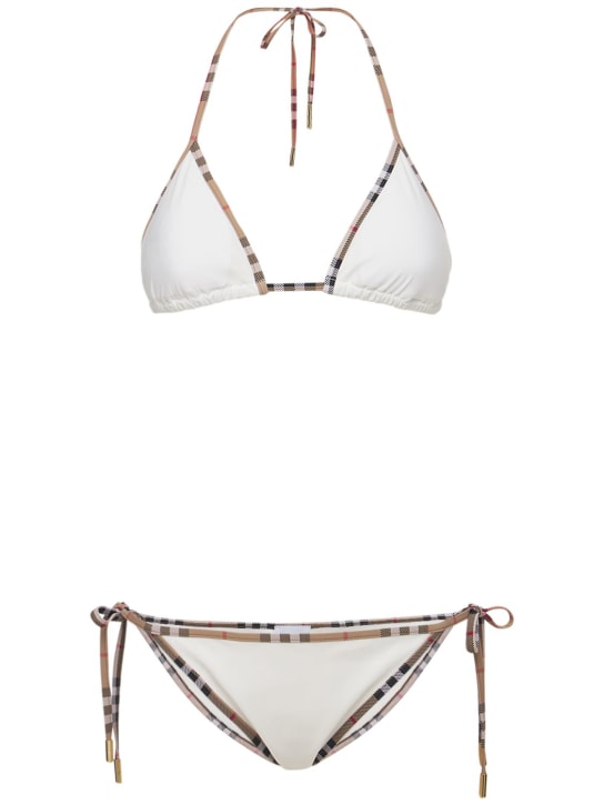Burberry: Mata nylon & Check trim triangle bikini - White - women_0 | Luisa Via Roma