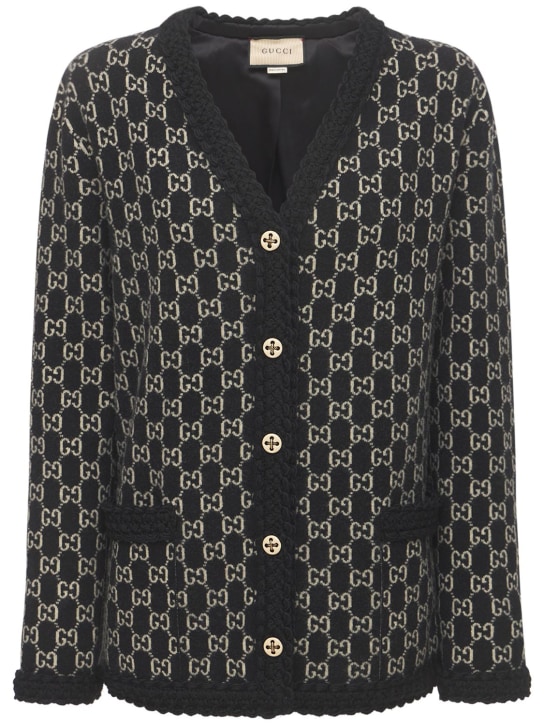 Gucci: Cardigan en maille de laine jacquard à logo - Noir/Ivoire - women_0 | Luisa Via Roma