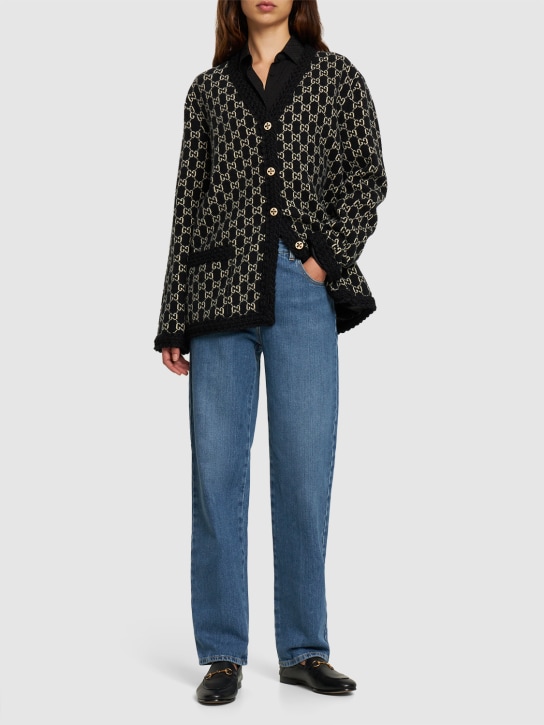 Gucci: Cardigan en maille de laine jacquard à logo - Noir/Ivoire - women_1 | Luisa Via Roma