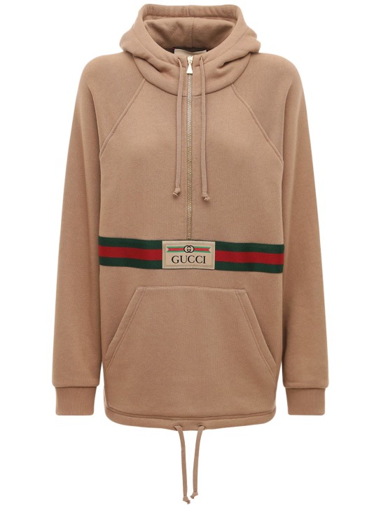 Gucci: Sweat-shirt zippé en jersey de coton à capuche - Vintage Camel - women_0 | Luisa Via Roma