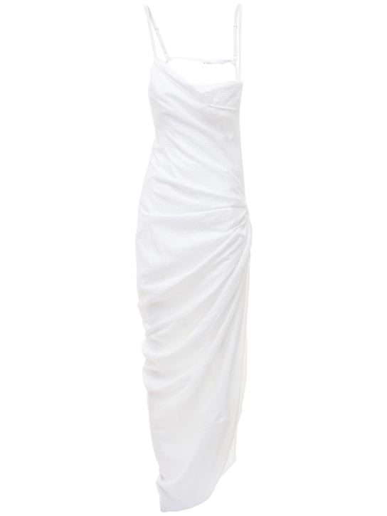 Jacquemus: 垂褶粘胶纤维混纺长款开叉连衣裙 - 白色 - women_0 | Luisa Via Roma