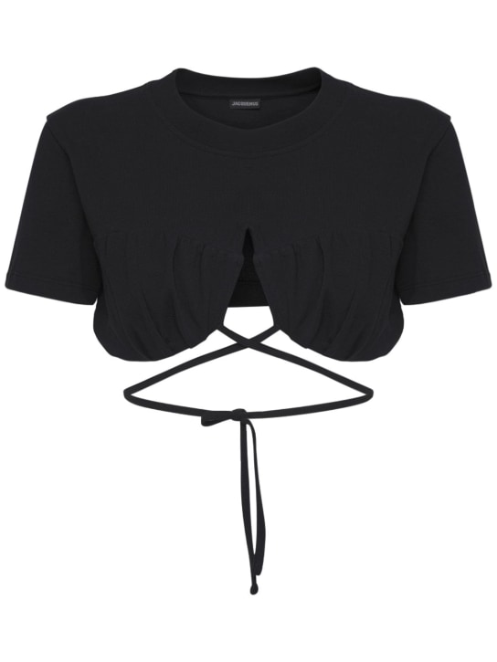 Jacquemus: Le T-Shirt Baci cotton self tie crop top - Black - women_0 | Luisa Via Roma